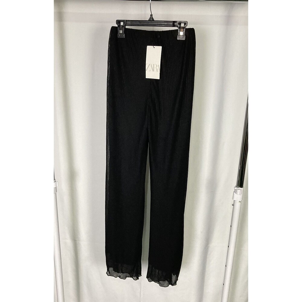 Zara Small Black Stretch Pants Pleated Ruffle Hem Dress NWT